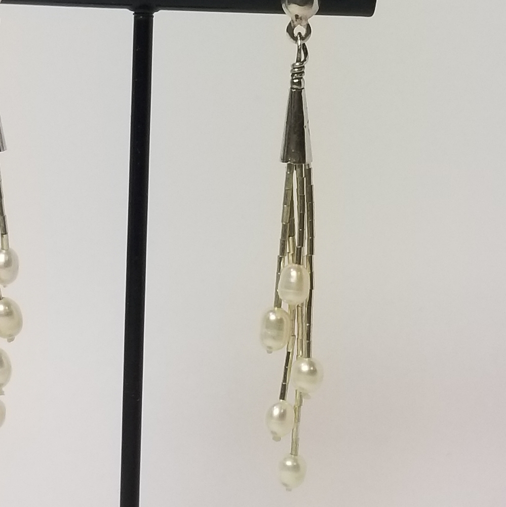 Vtg STERLING SILVER DANGLE PEARLS STUD EARRING - Picture 5 of 8